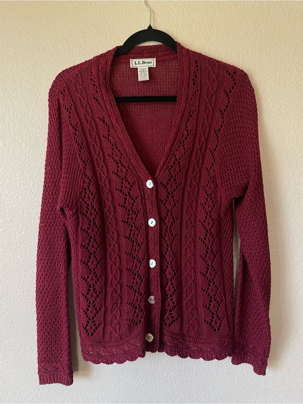 Vintage L.L.Bean Red Linen Blens Lace Crochet Button Front Cardigan Sweater S